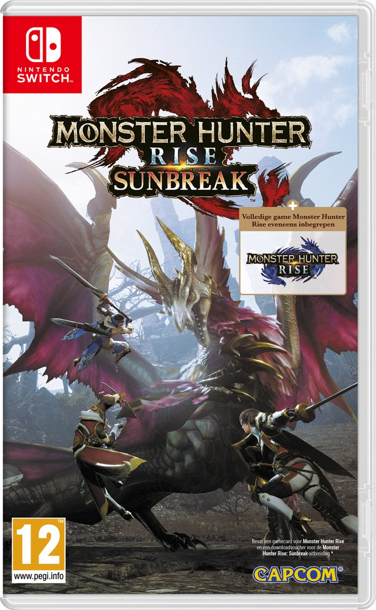 Nintendo Switch-gamebox, Monster Hunter Rise: Sunbreak, met draak en personages.