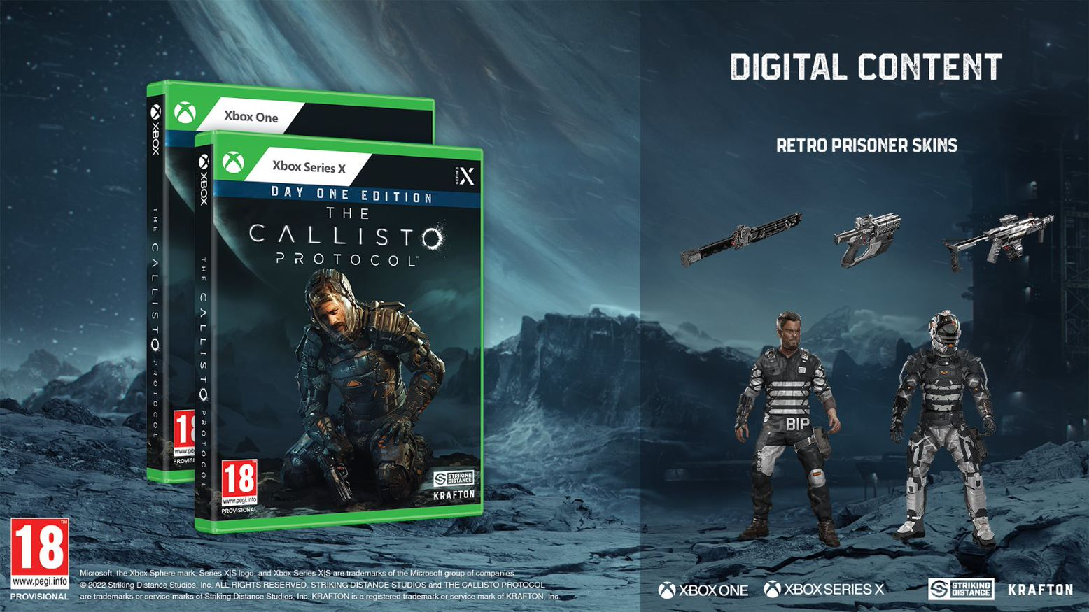 Gameboxen en personages uit "The Callisto Protocol".