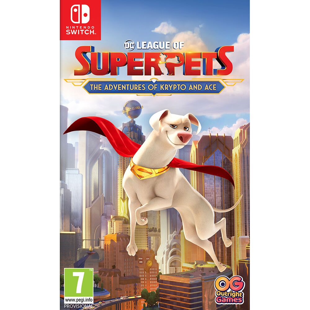 Video game cover met een witte hond met een rode cape en een stadsgezicht.