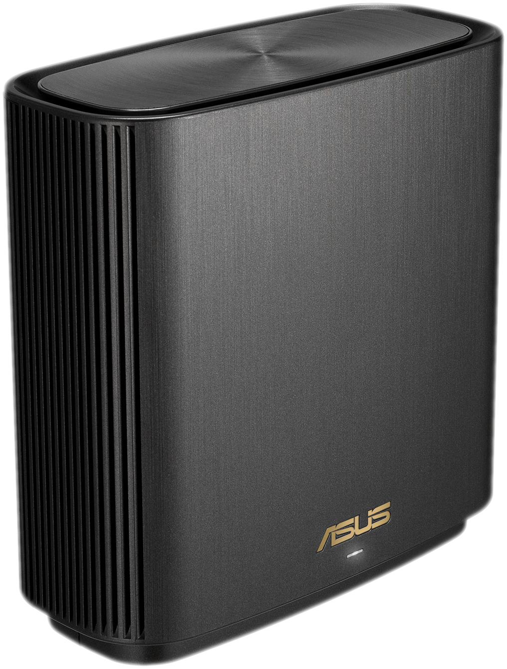 Zwarte router met gouden ASUS-logo. Het heeft een geribbeld zijpaneel en een platte bovenkant. Het stroomlampje brandt.