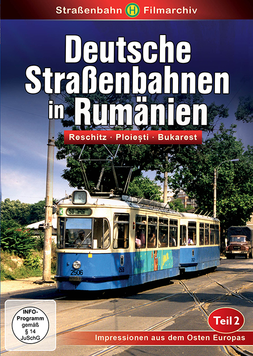DVD-Cover eines Zuges in Rumänien. Der Zug ist blau-weiß, mit Titel auf Deutsch.