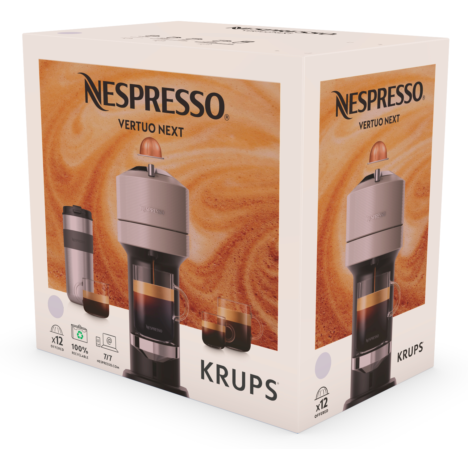 Caja de cafetera Nespresso Vertuo Next. Máquina, cápsulas y accesorios sobre fondo blanco.