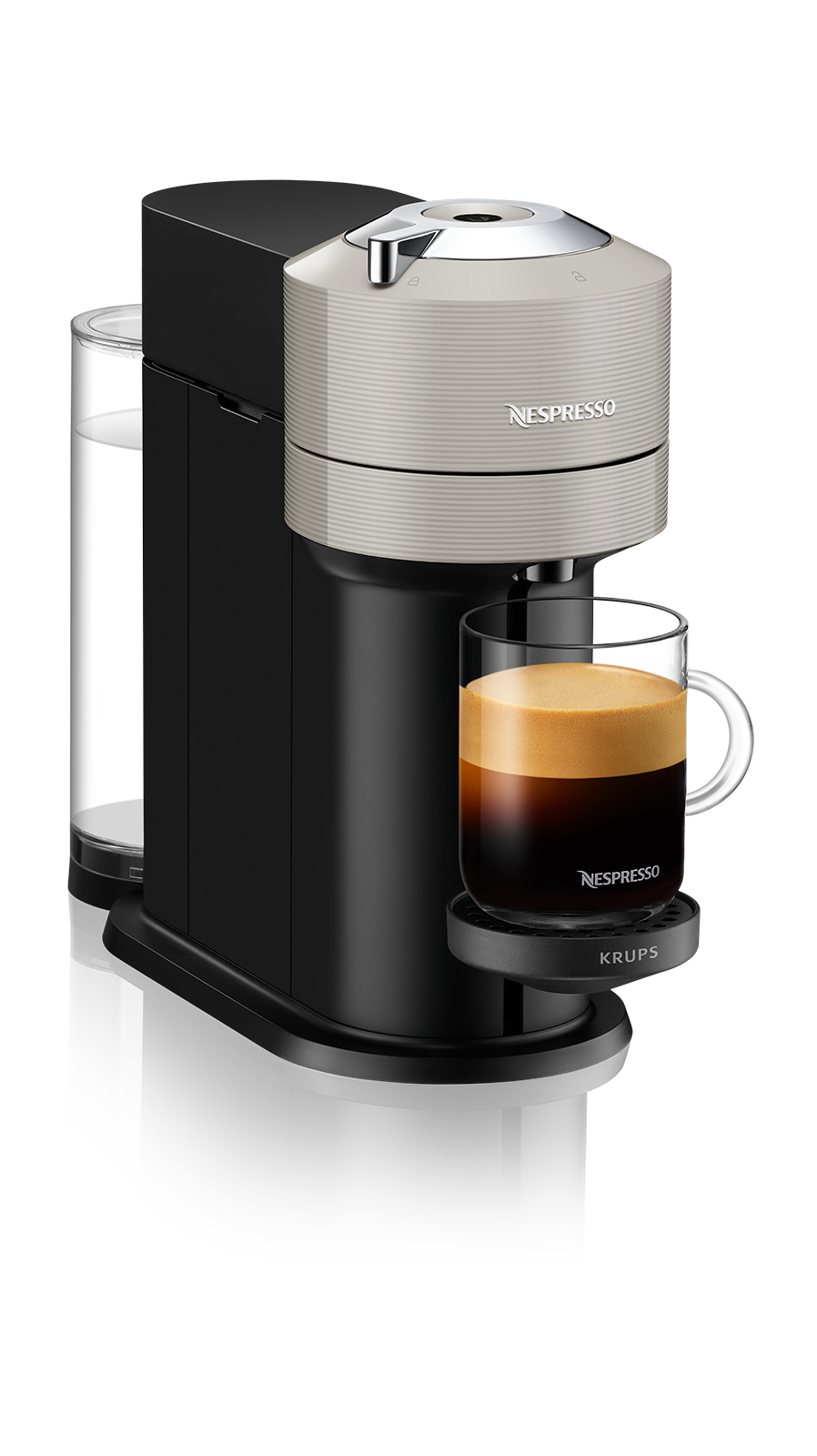 Máquina de café Nespresso Vertuo con taza de vidrio, espresso y diseño negro.