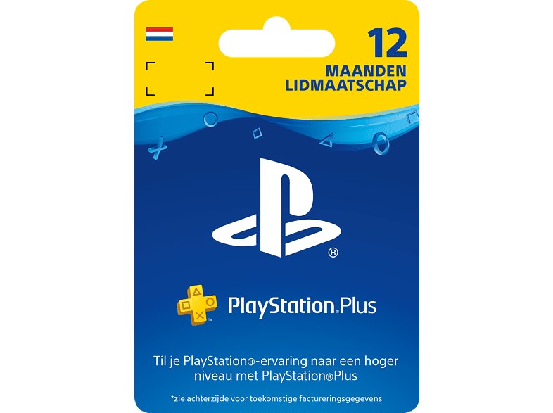 PlayStation Plus 12-maanden lidmaatschapskaart met PS-logo en Nederlandse vlag.
