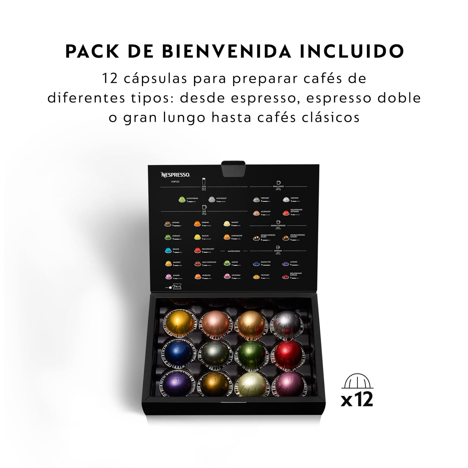 Paquete de cápsulas de café Nespresso, abierto, mostrando cápsulas coloridas con texto e icono x12.