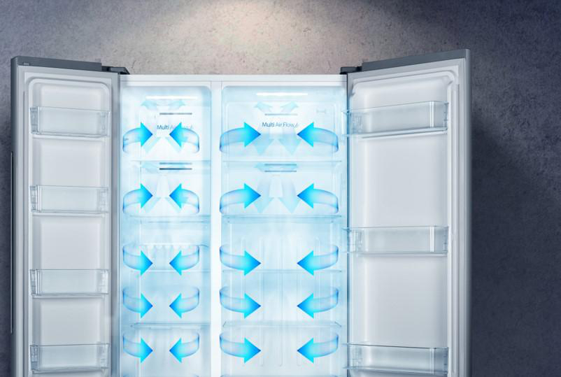 Offener Kühlschrank mit Regalen und Luftstrom. Pfeile zeigen Luftzirkulation und Multi-Airflow-System.