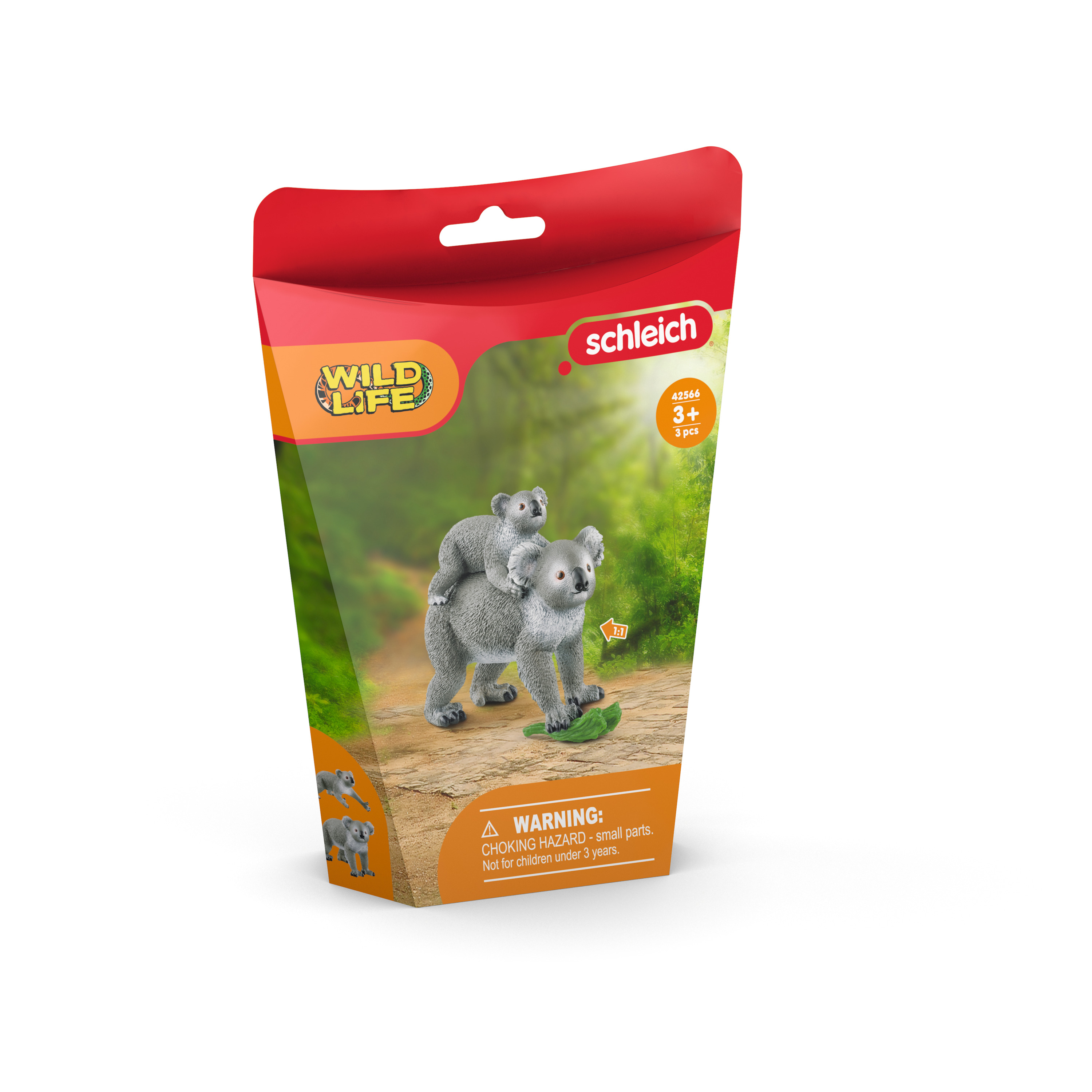 Spielzeugverpackung: Koala-Figuren, Erwachsener mit Baby, auf einem Pfad. Markenlogo und Warnhinweis sichtbar.