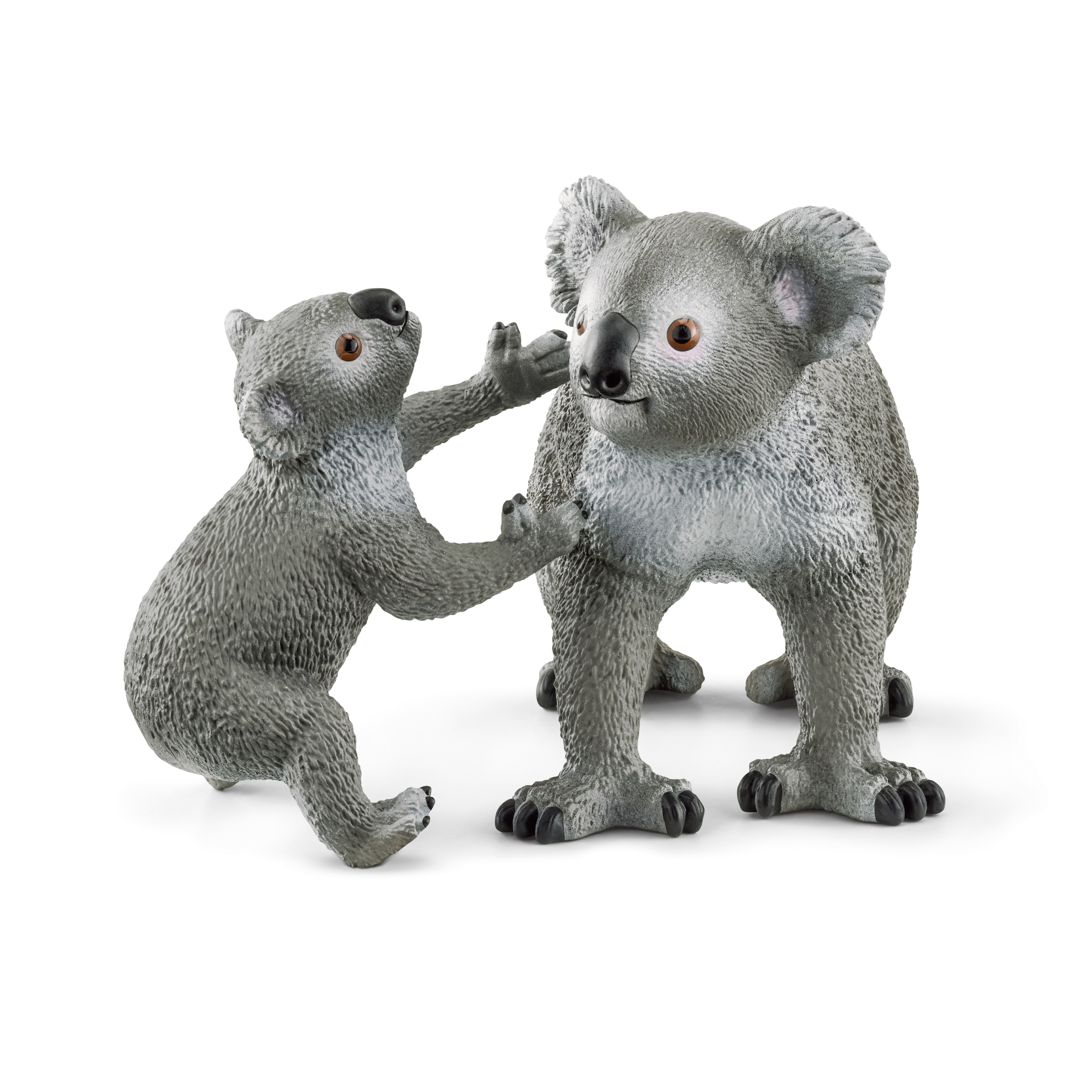 Zwei graue Koala-Figuren. Einer steht, der andere streckt die Arme aus.