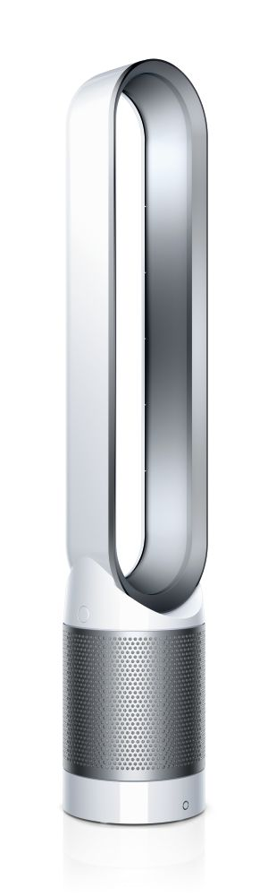 Un ventilador de torre blanco y plateado.