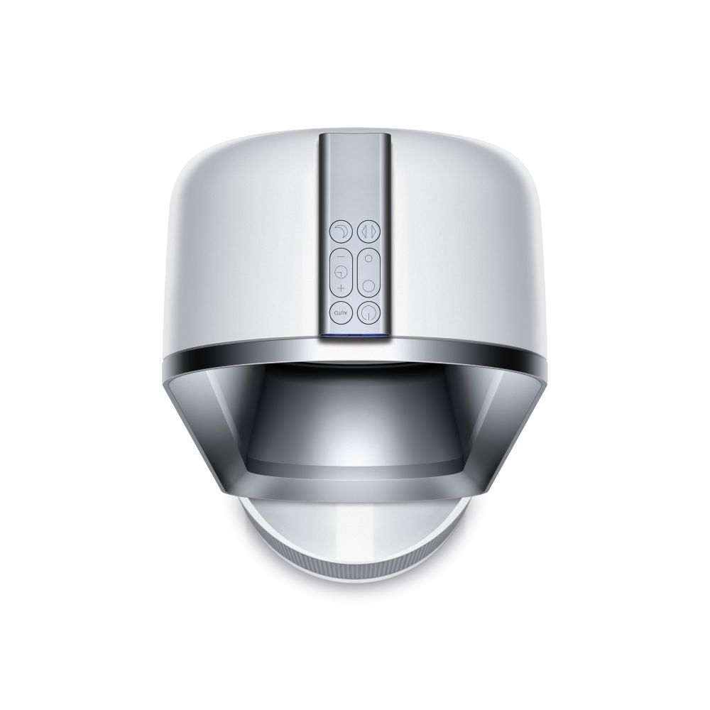 Vista superior de un purificador de aire Dyson blanco con botones de control.