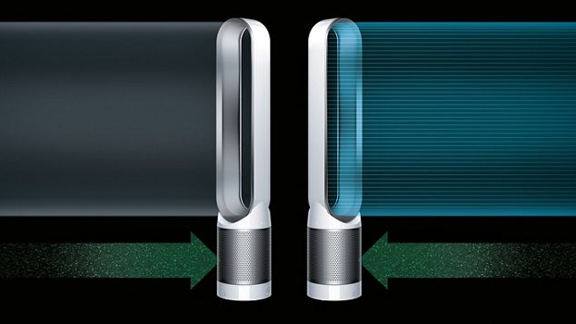 Dos ventiladores blancos y plateados uno al lado del otro con aire azul y oscuro.