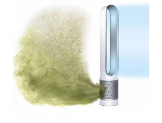 Un ventilador blanco expulsa partículas verdes al aire. El fondo es azul y blanco.