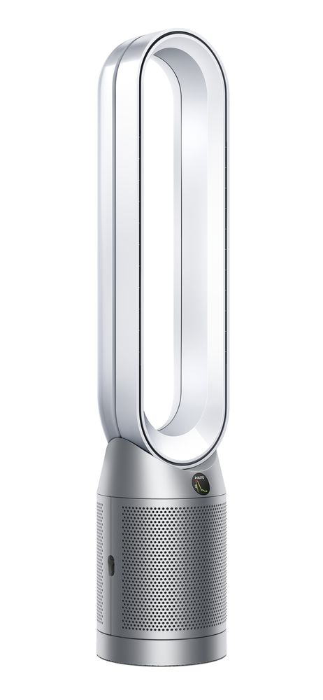 Un ventilador Dyson blanco y plateado sobre un fondo blanco.