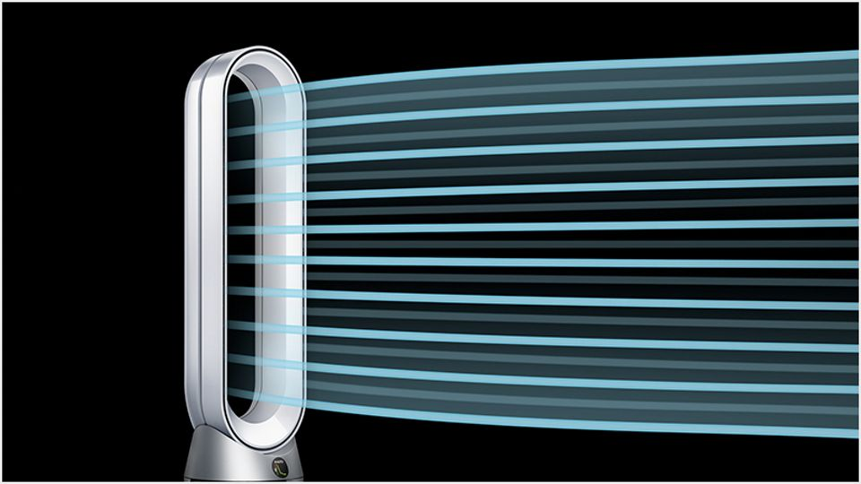 Purificador de aire Dyson plateado con flujo de aire azul.
