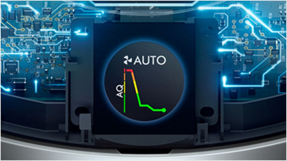 Primer plano de una pantalla con un gráfico etiquetado 'AQ' con 'AUTO' en la parte superior. Se ve el circuito.