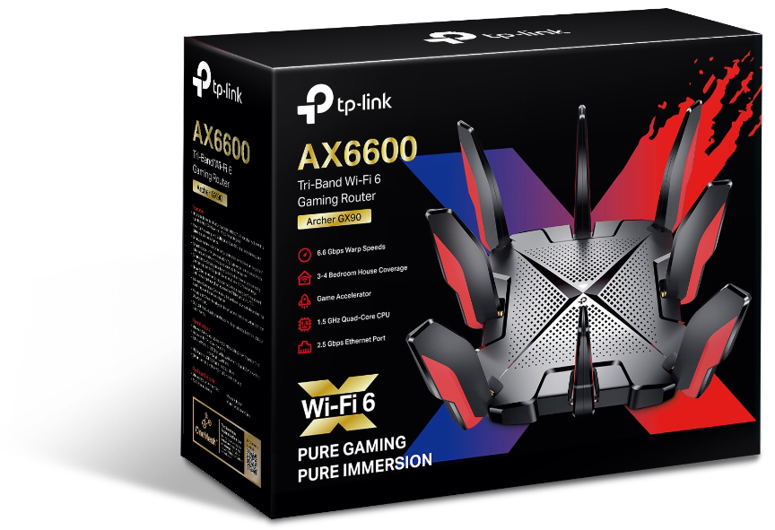 Egy router doboz antennákkal, melyek olyan funkciókat mutatnak, mint a Wi-Fi 6 és a sebesség.