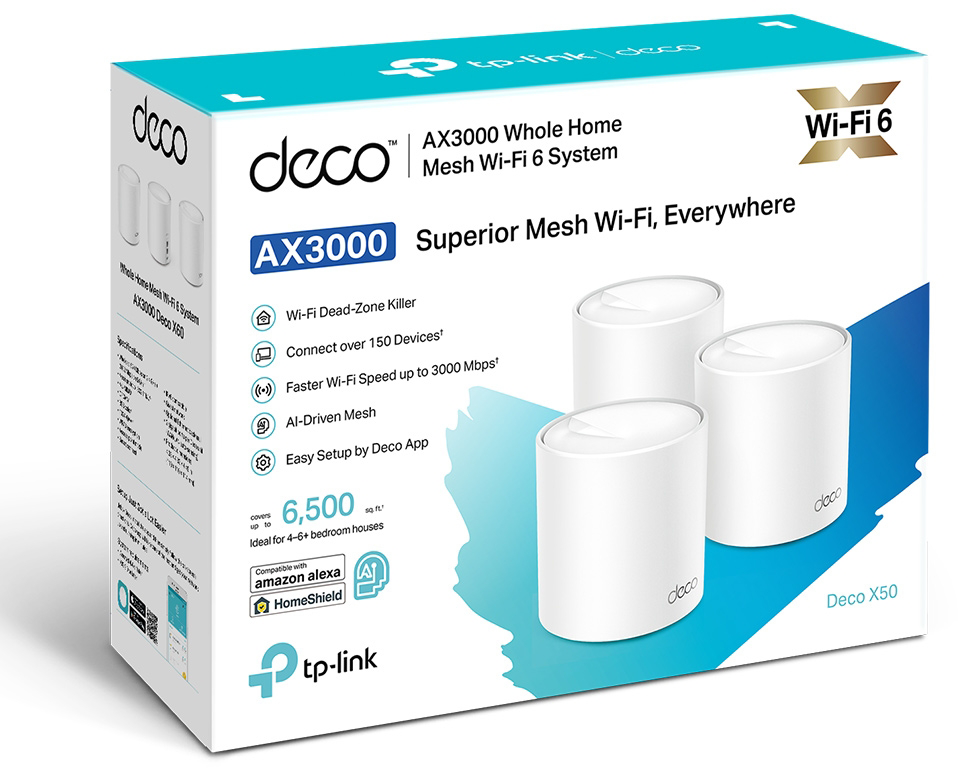 Wi-Fi hálós rendszer doboza, három fehér egységgel.