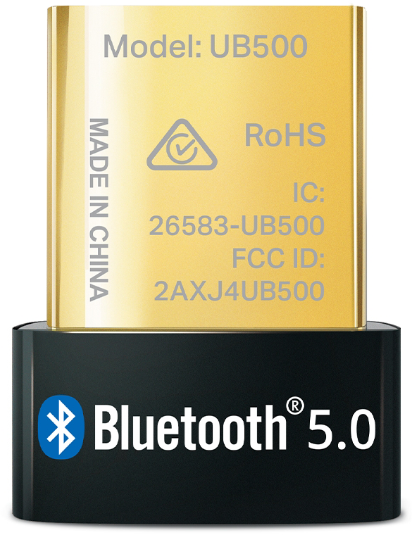 USB Bluetooth 5.0 adapter márkajelzéssel, modellel és műszaki információkkal.