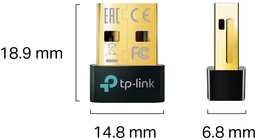 Fekete és arany USB-adapter. Méretekkel van ellátva. A márka a TP-Link.