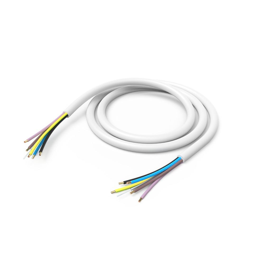 Weißes Kabel mit mehreren farbigen Drähten an jedem Ende.
