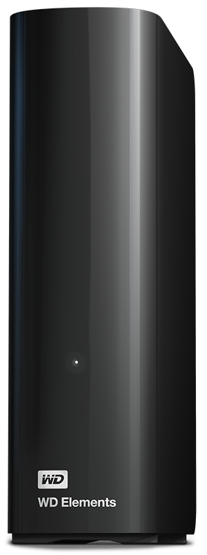 Black WD Elements external hard drive, sleek design, WD logo.