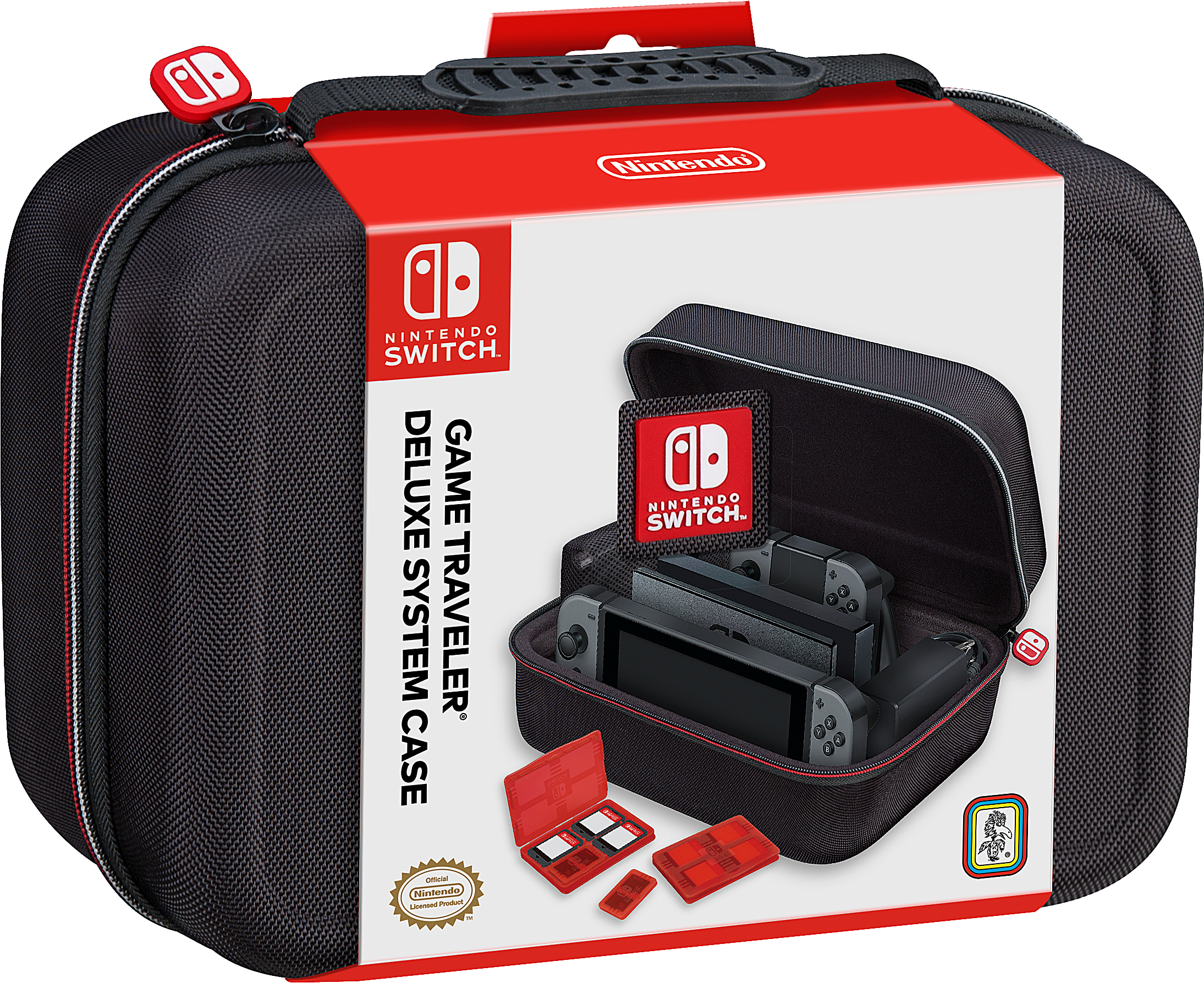 Schwarze Nintendo Switch Reisehülle. Enthält die Konsole, Controller und Zubehör im Inneren.