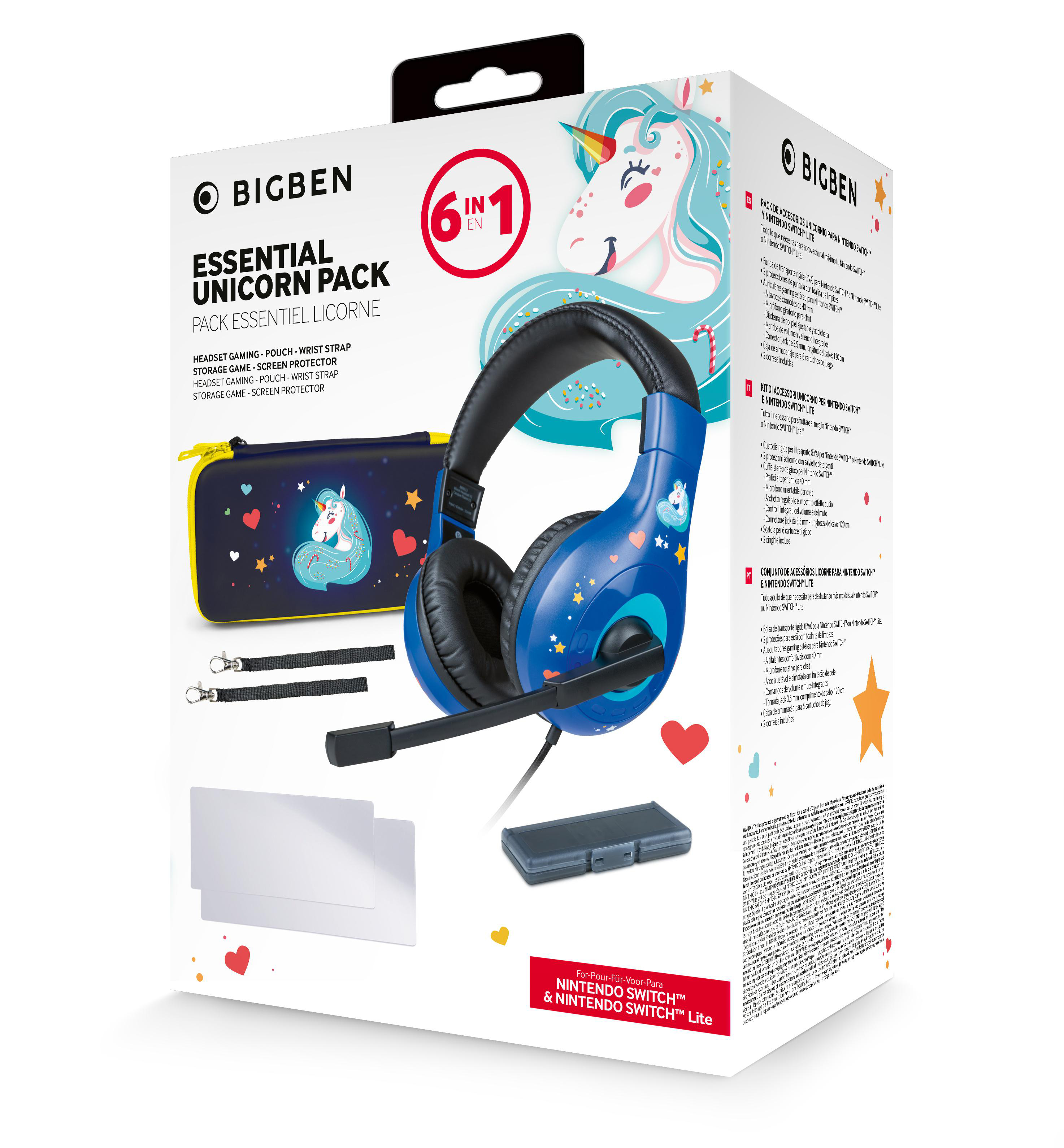 Eine Box enthält ein Headset im Einhorn-Design, eine Tragetasche und Zubehör sowie Text zum Produkt.