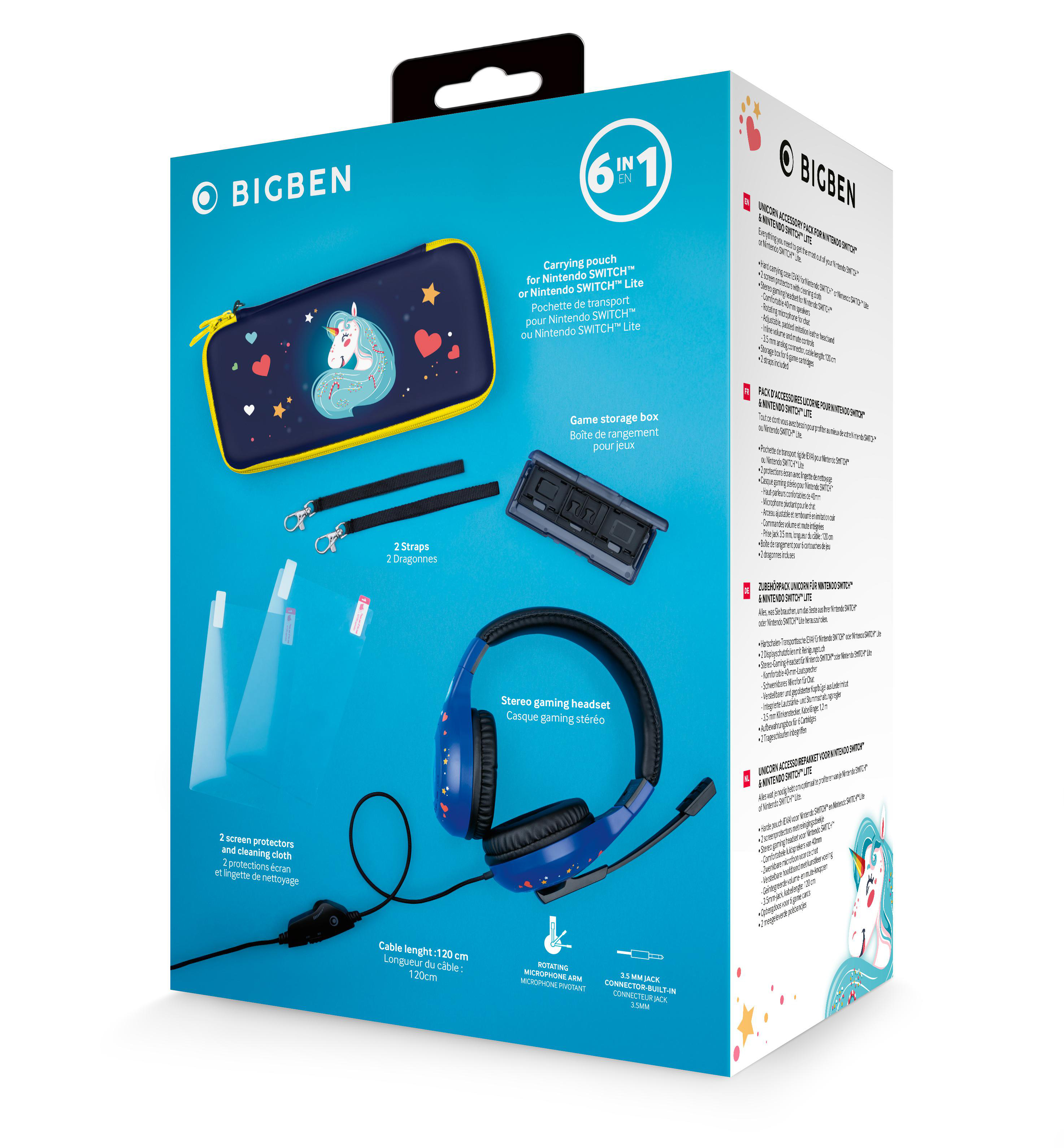 Bigben Nintendo Switch Zubehörbox. Enthält eine Tragetasche, Spielaufbewahrung, Headset und Gurte.