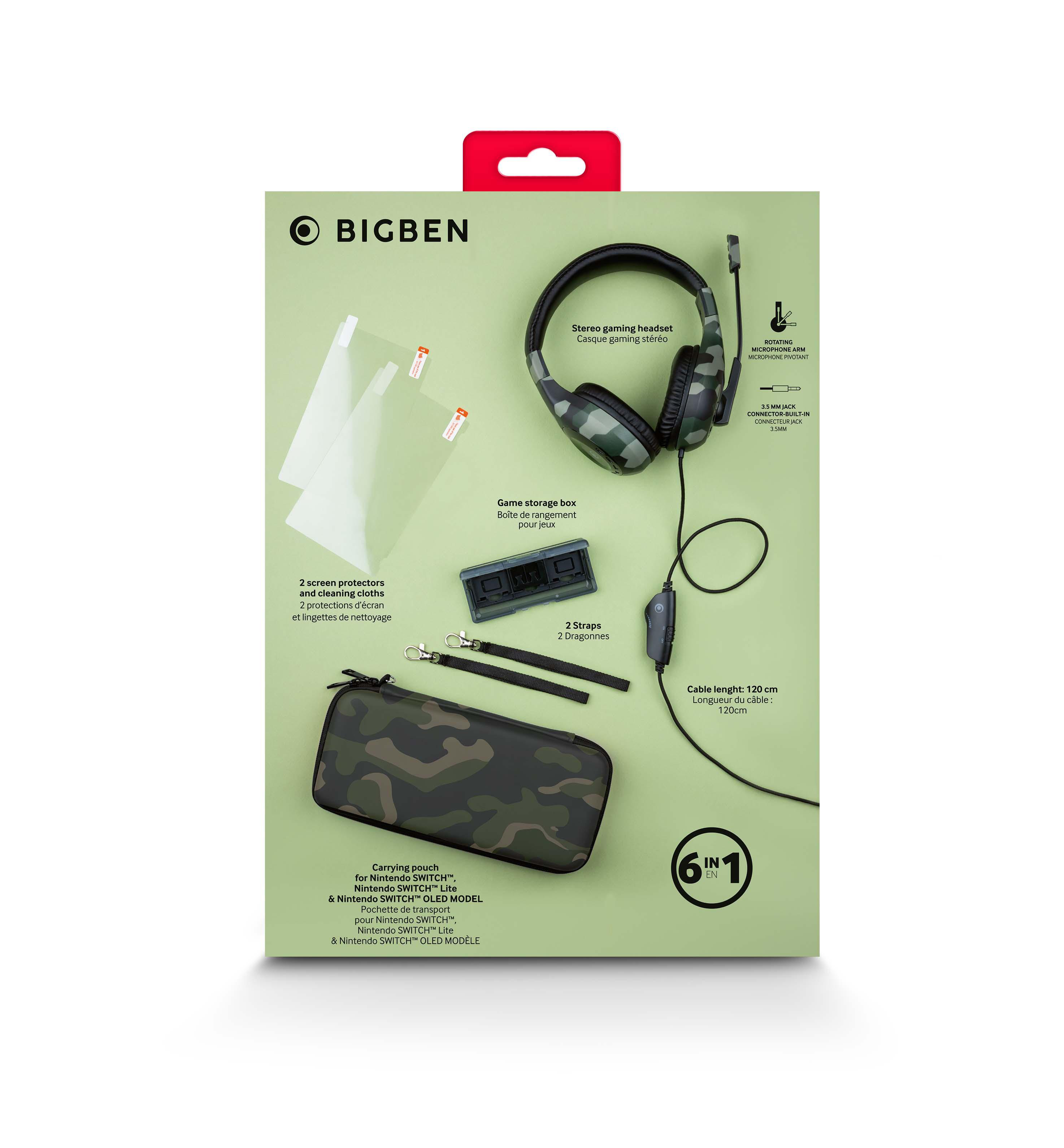 Box mit Kopfhörern, Hülle und Zubehör für Nintendo Switch. Tarnmuster auf der Tragetasche.