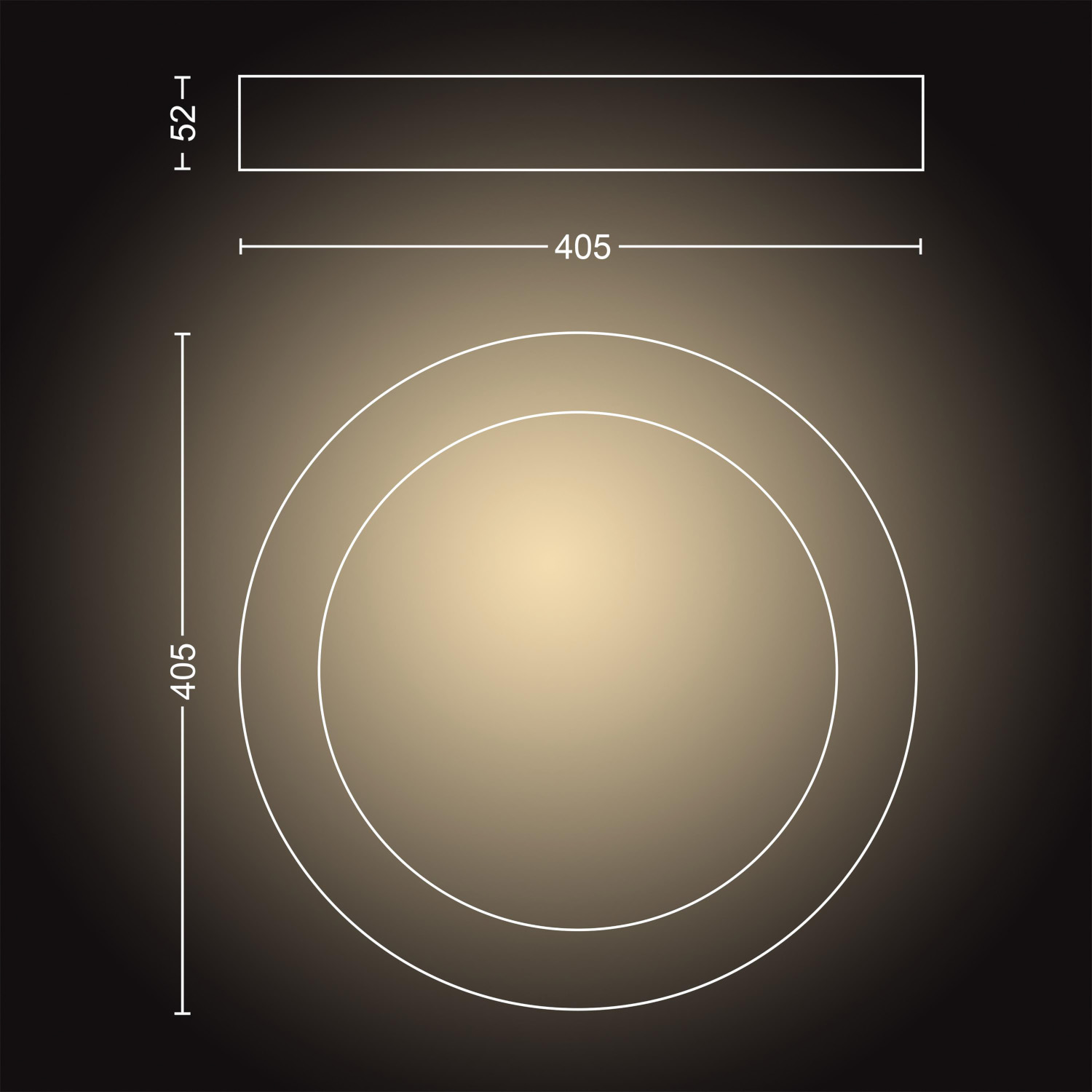 Diagram met afmetingen van een cirkelvormige armatuur, bovenaanzicht en zijaanzicht.