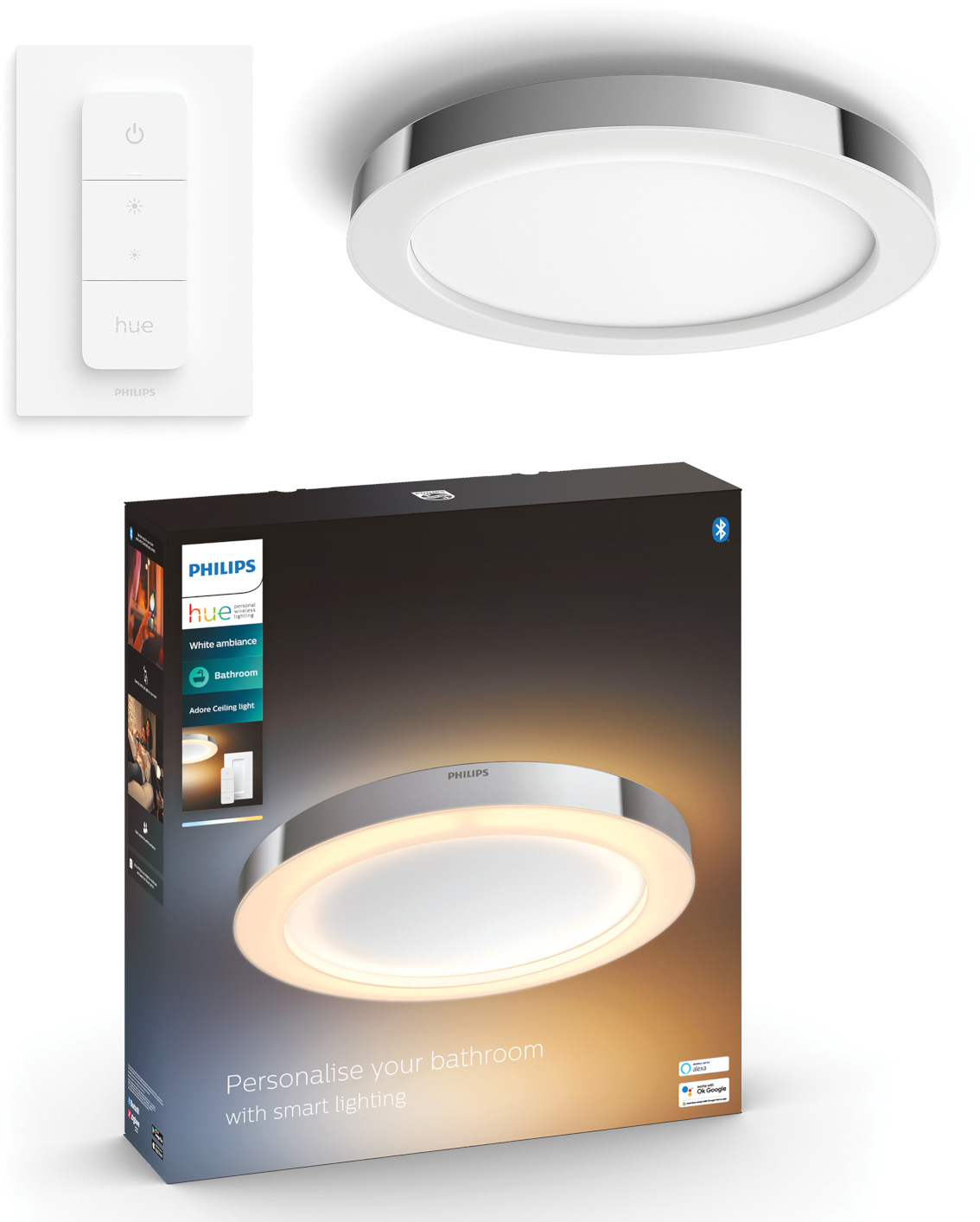 Een Philips Hue slimme badkamerverlichtingsset met afstandsbediening en doos.