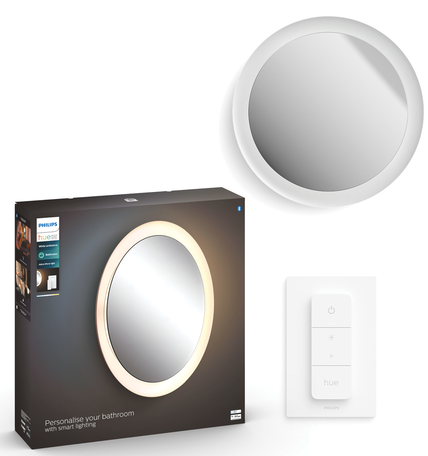 Miroir de salle de bain avec lumière et télécommande, avec emballage du produit.