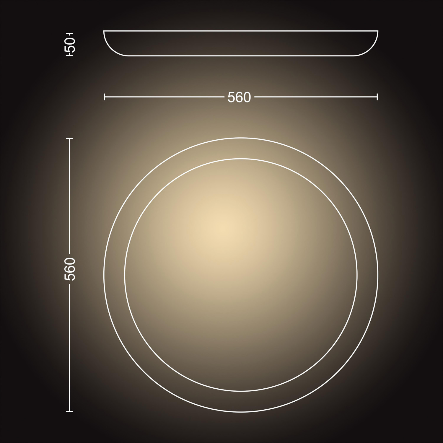 Dessin technique d'un luminaire circulaire avec des dimensions en blanc sur fond sombre.