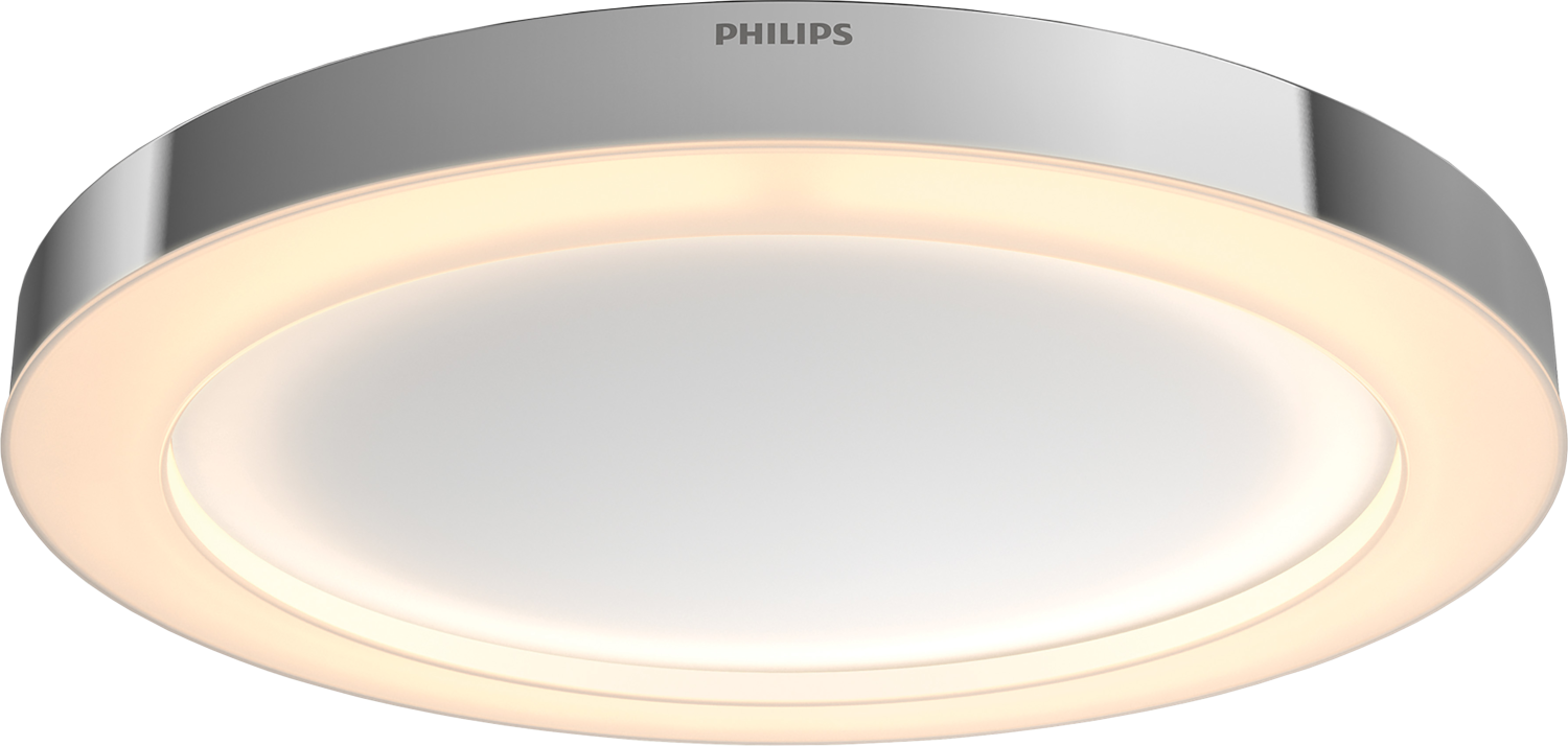 Circulaire, witte Philips plafondlamp, verlicht.