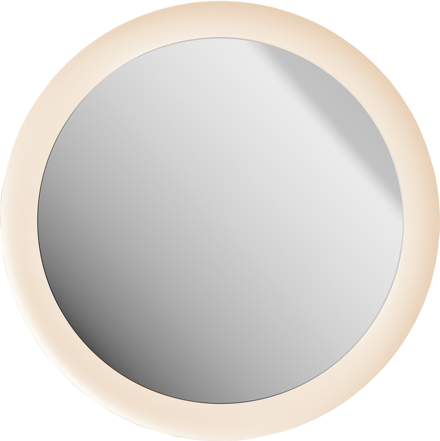 Un miroir rond avec une bordure de couleur claire, sur fond noir.