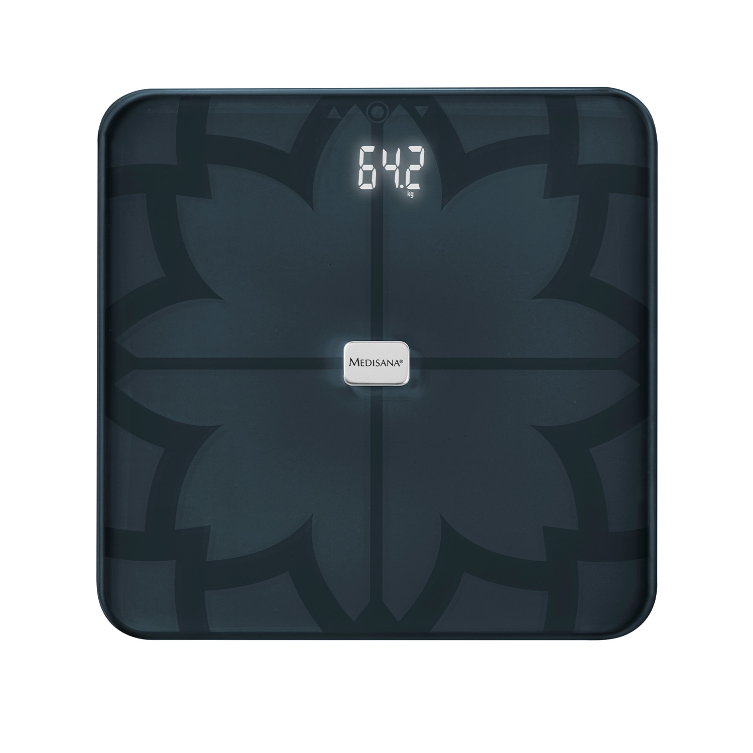 Digitale Waage mit floralem Muster und Medisana Logo.