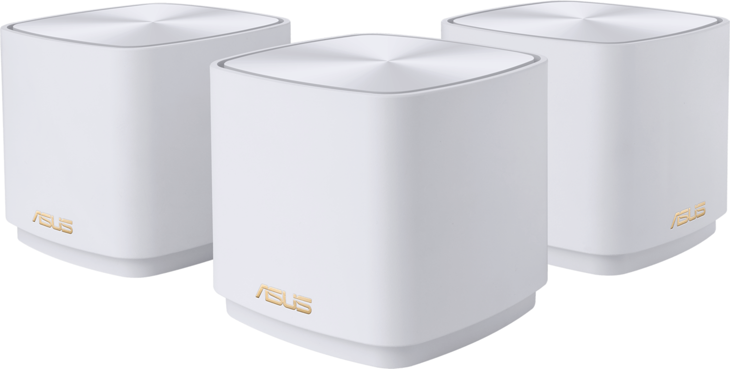 Drie witte ASUS mesh wifi-routers met zilveren bovenkant en gouden ASUS-logo's.