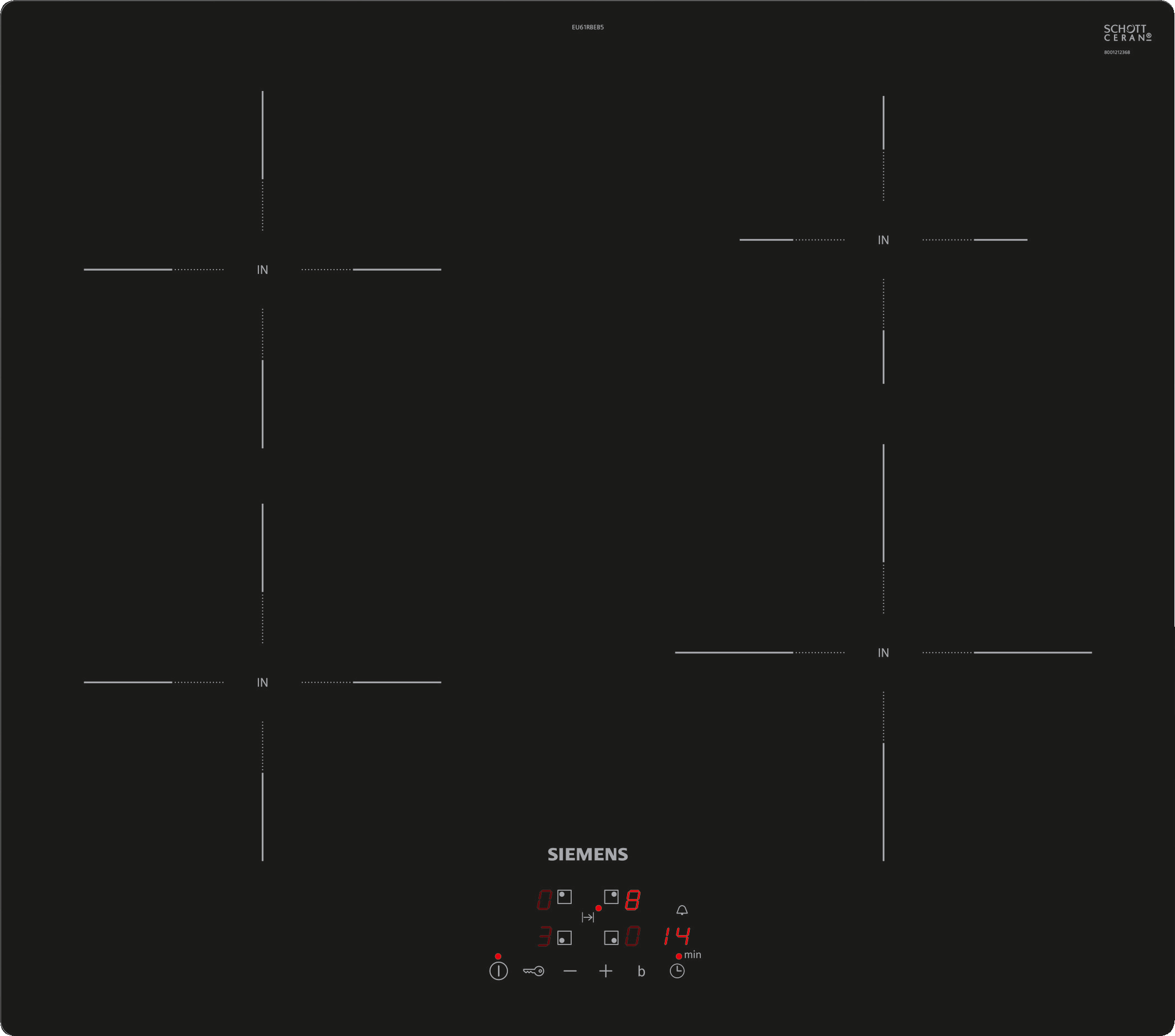A black Siemens induction cooktop with four burners. It has a digital display and control buttons.