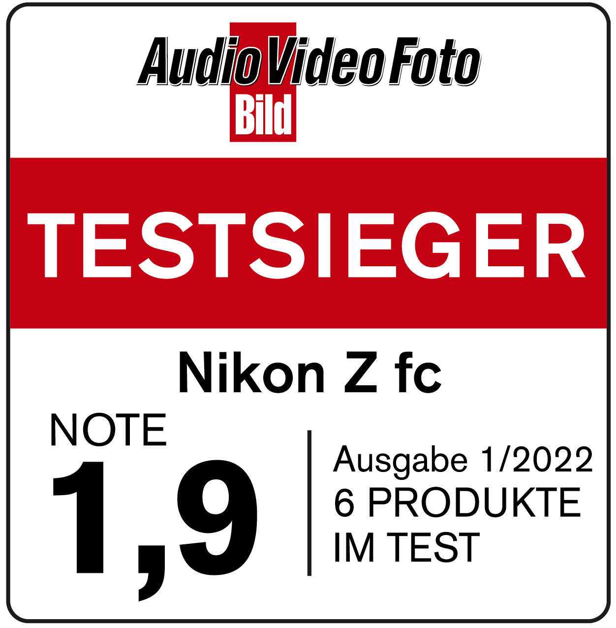 Logo de récompense : Audio Video Foto Bild, Gagnant du test, Nikon Z fc, note 1.9.