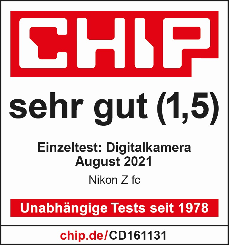 Une critique du magazine CHIP avec une note de 1,5. Texte en allemand : test d'appareil photo numérique.