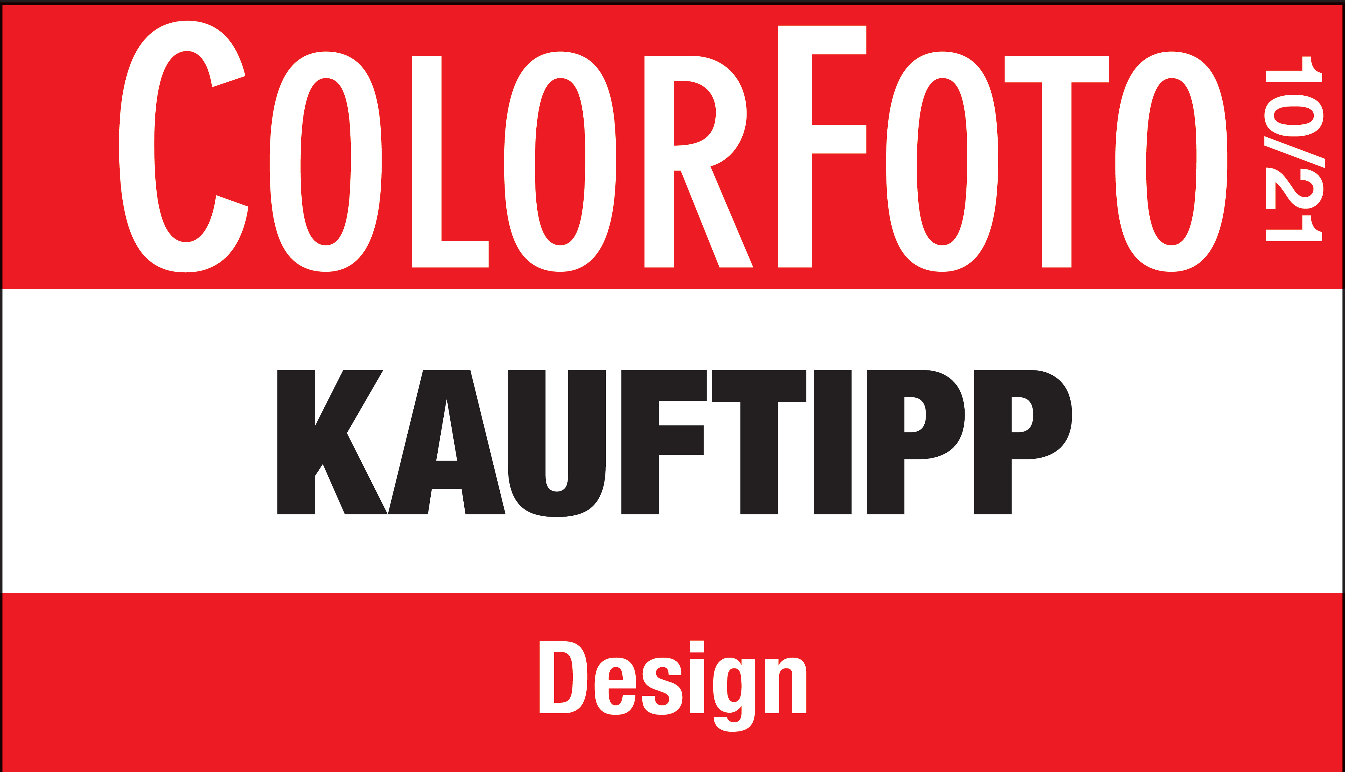 Couverture de magazine rouge et blanc. Il est écrit 'COLORFOTO' et 'KAUFTIPP' en grandes lettres blanches et noires.