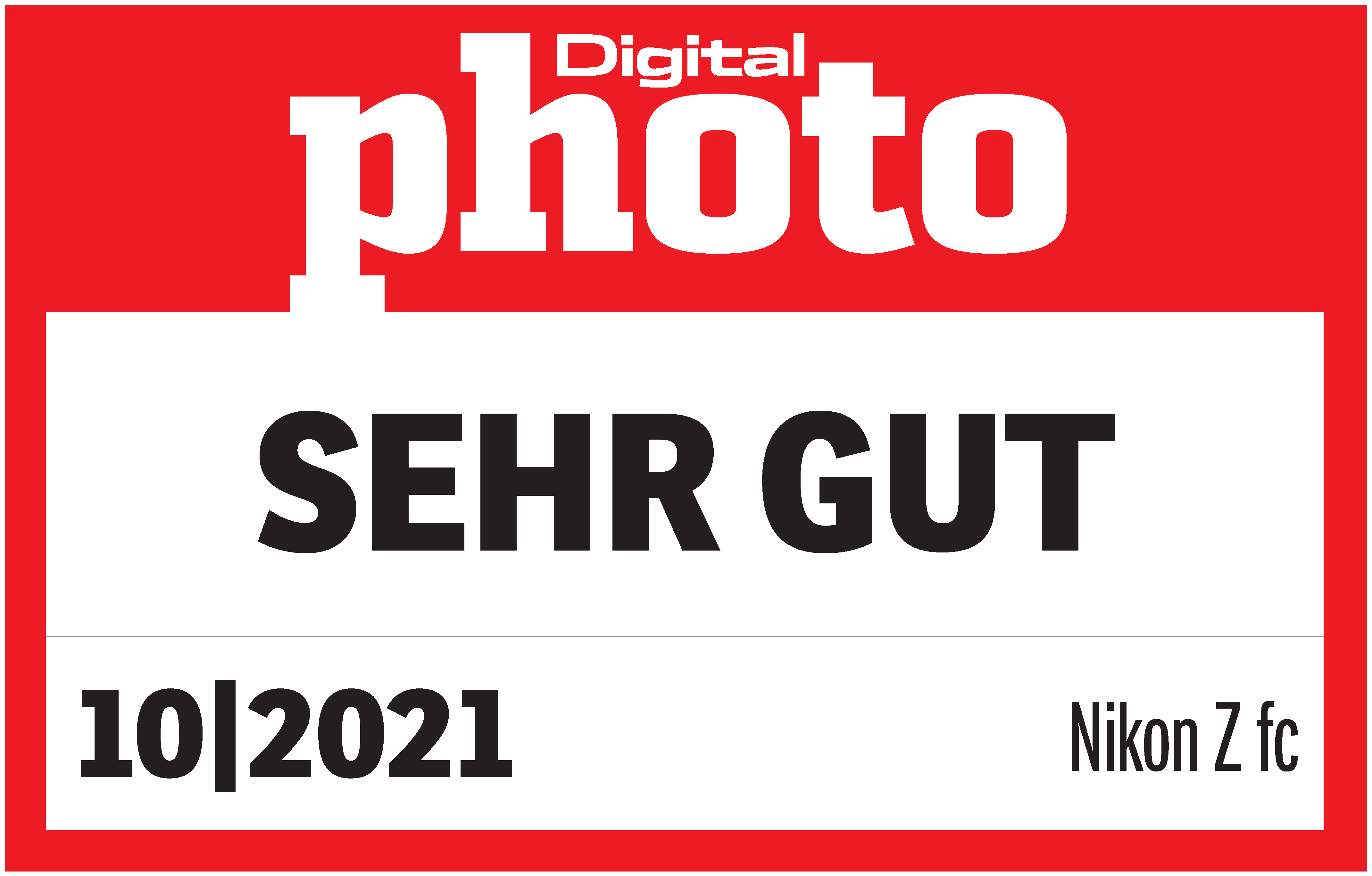 Une couverture de magazine rouge et blanche avec les mots 'SEHR GUT' et 'Digital photo'.