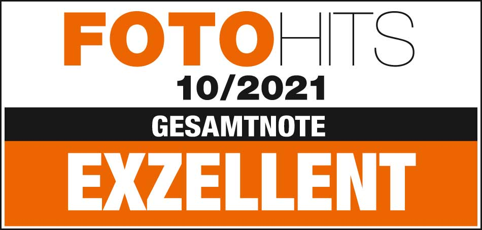 Un logo avec les mots FOTO HITS et EXZELLENT sur fond orange.