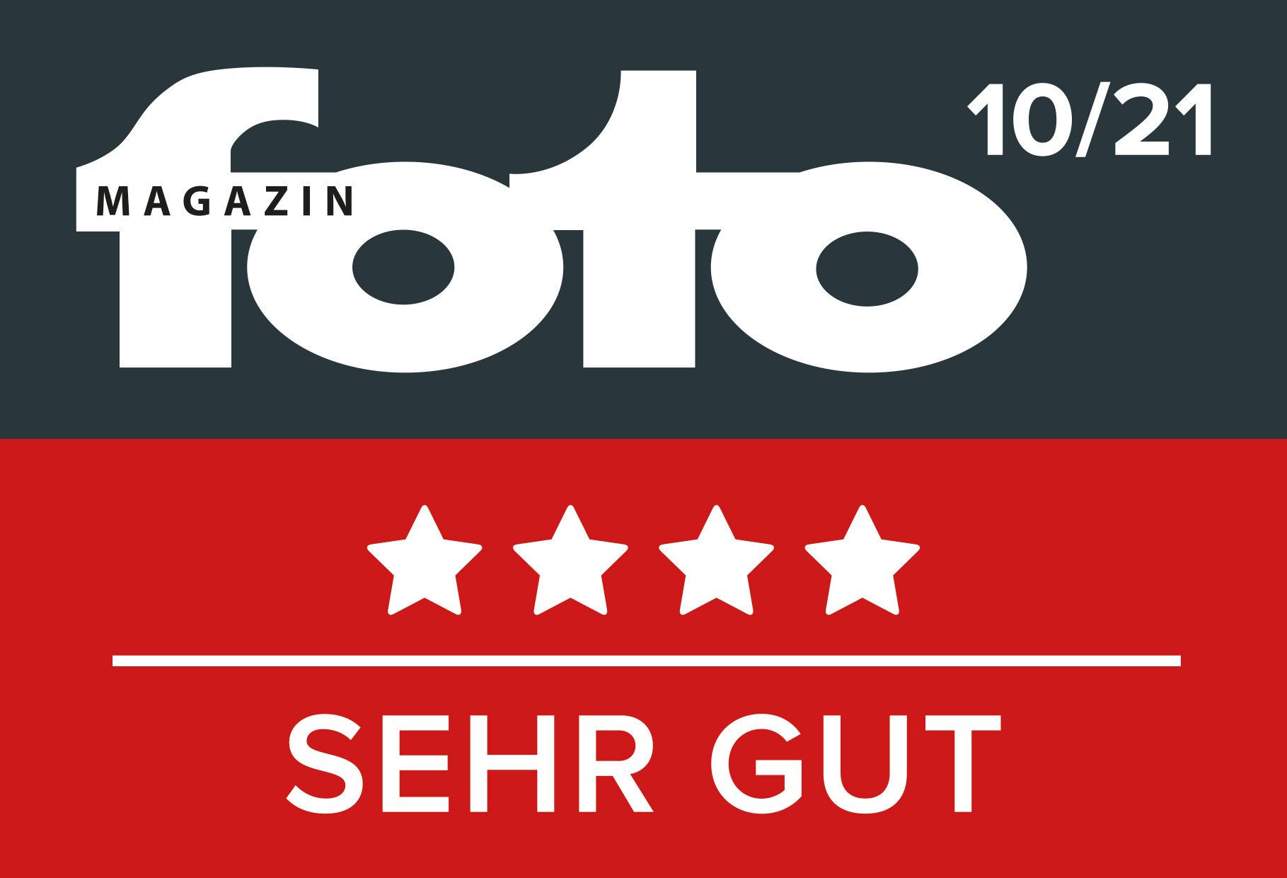 Couverture de magazine avec le logo 'Foto Magazin', note de quatre étoiles et texte 'SEHR GUT'.