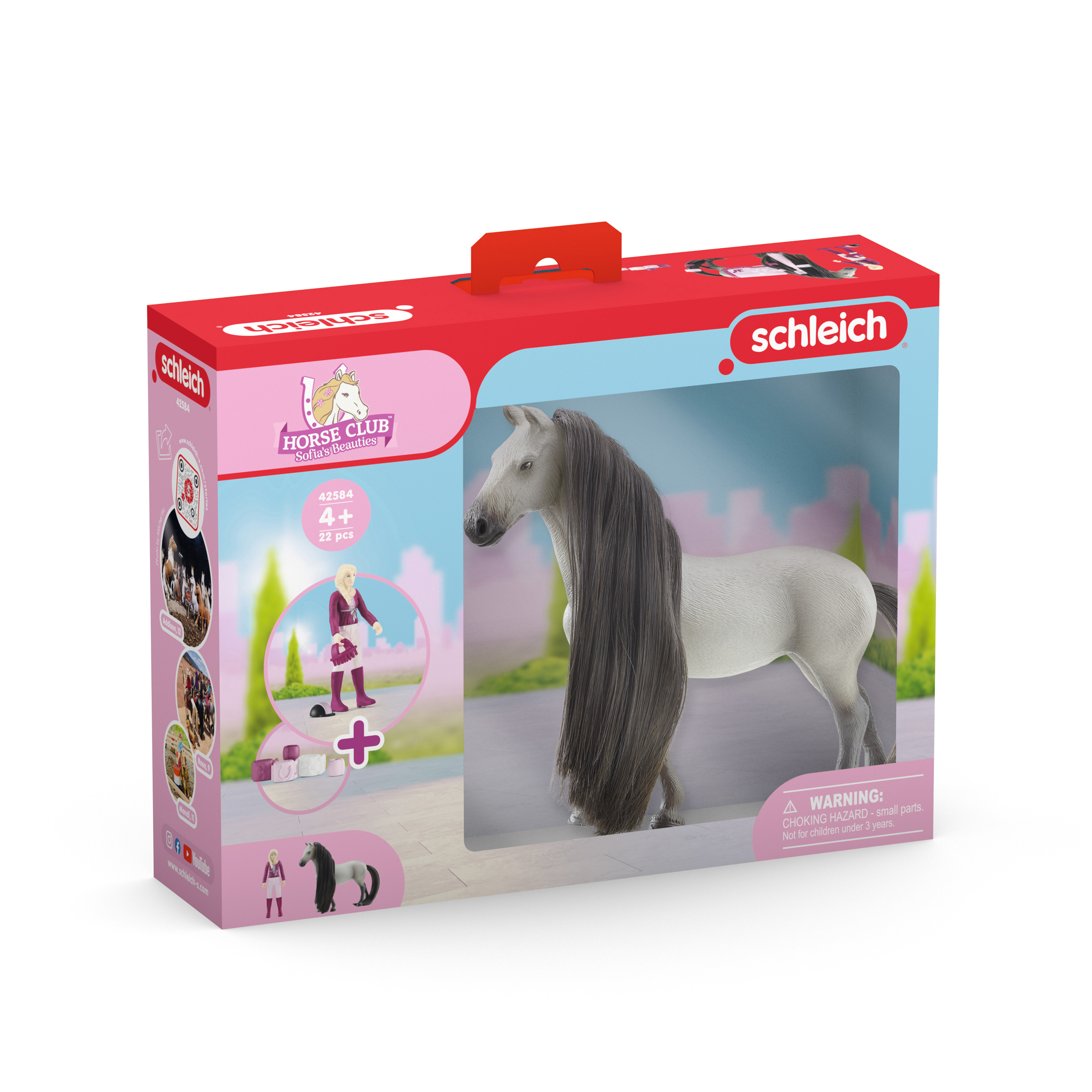 Spielzeugkiste: Schleich Horse Club. Pferd, Mädchen, Zubehör, rosa und rote Box.