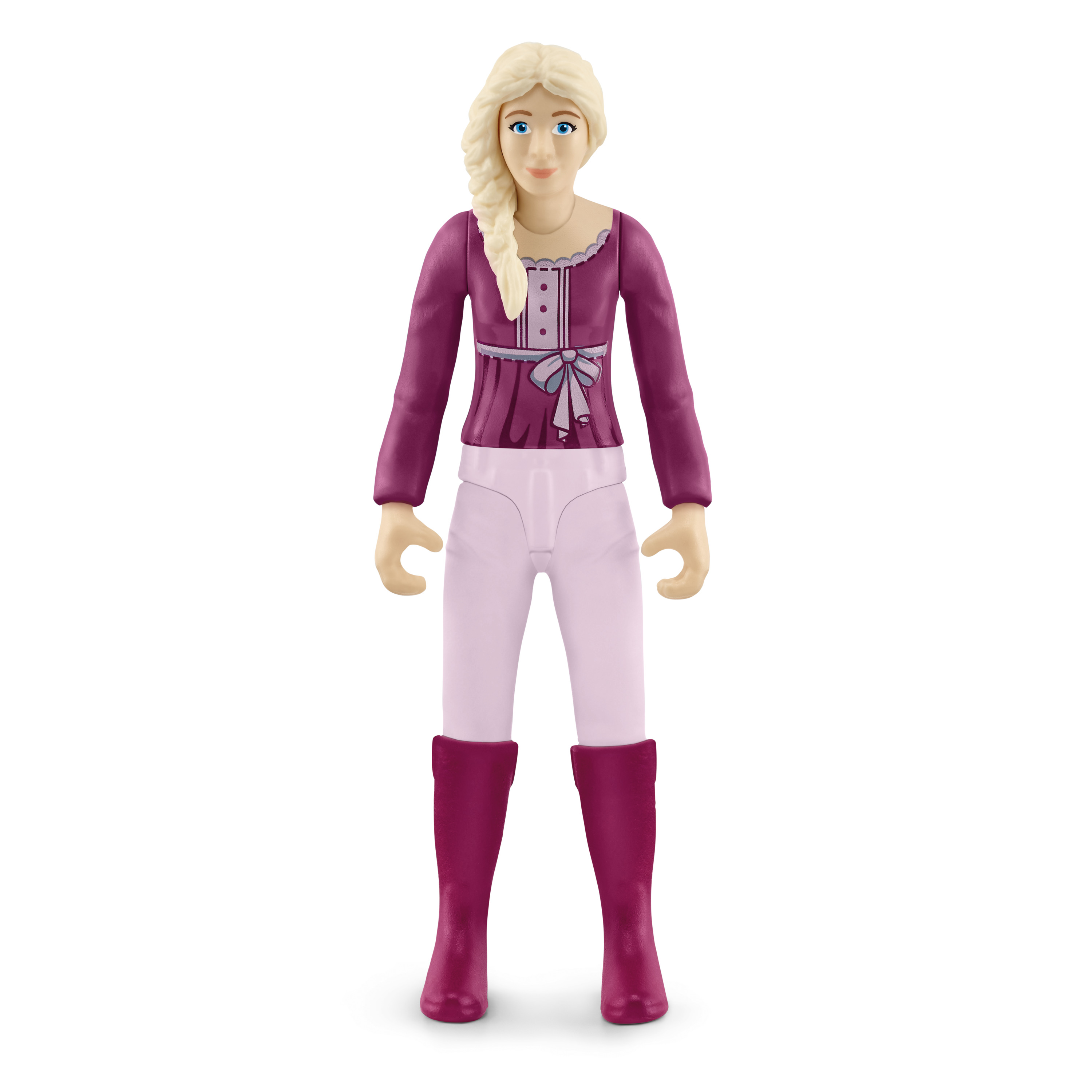 Spielfigur einer blonden Frau in einem lila Oberteil, rosa Hose und lila Stiefeln.