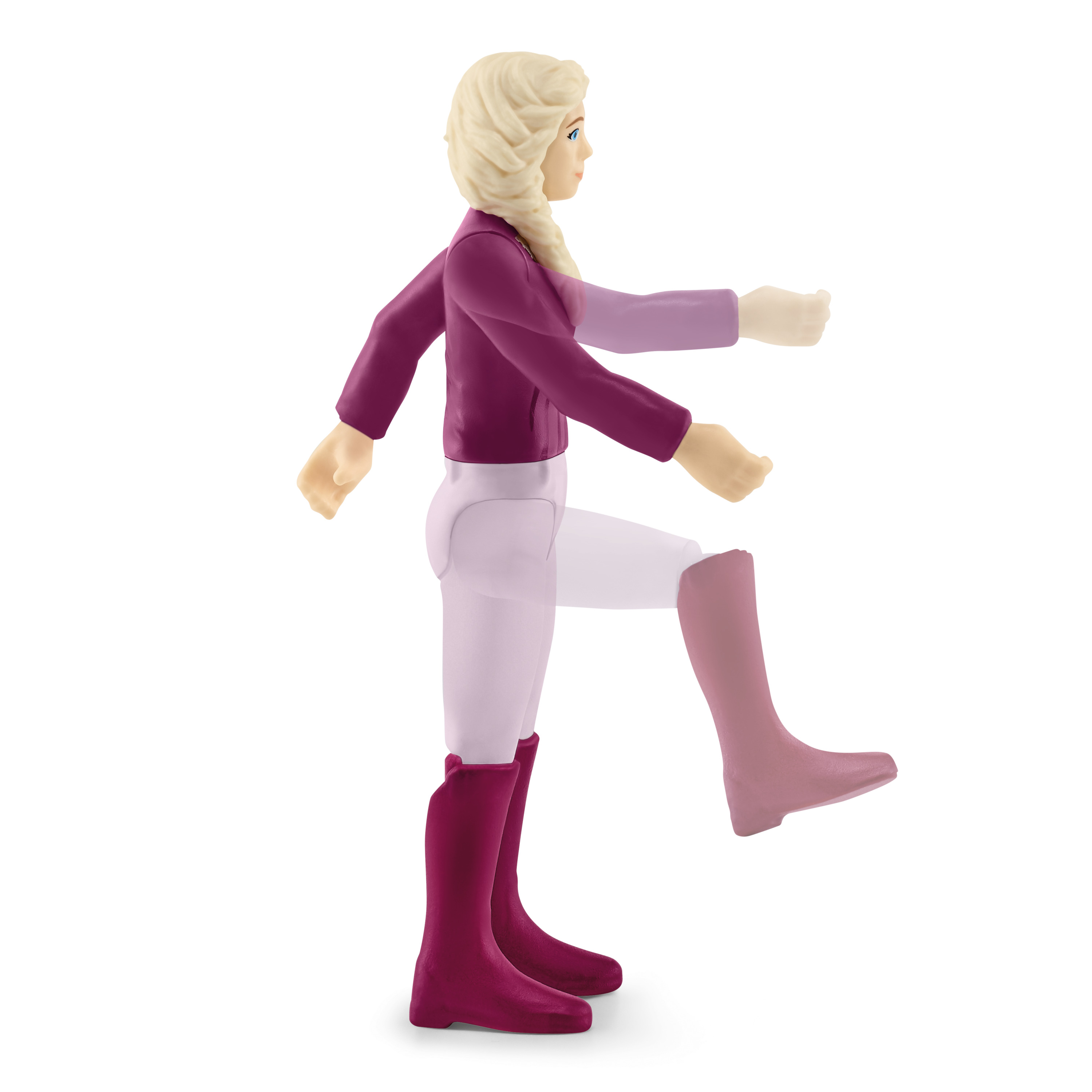 Spielfigur einer Reiterin in Reitkleidung, im Schritt, Seitenansicht.