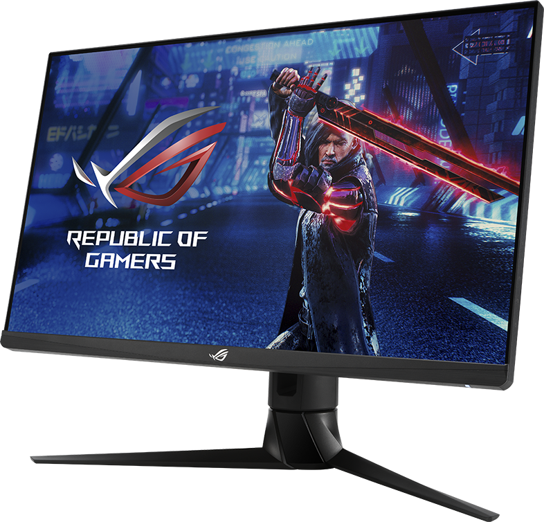 Egy gamer monitor futurisztikus jelenettel. Egy karddal rendelkező férfi a képernyőn, a Republic of Gamers logóval.