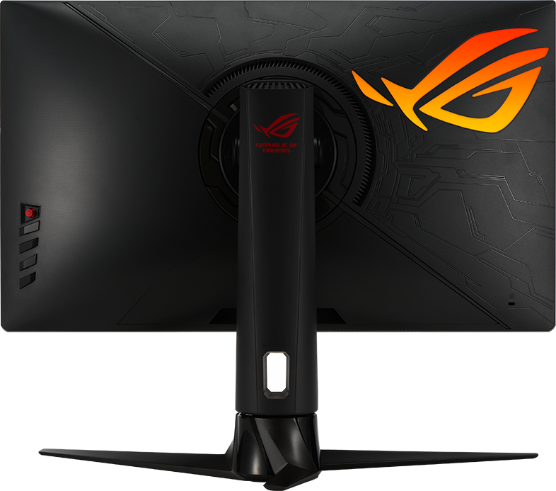 Egy fekete gamer monitor hátulja, ROG logóval és állvánnyal.