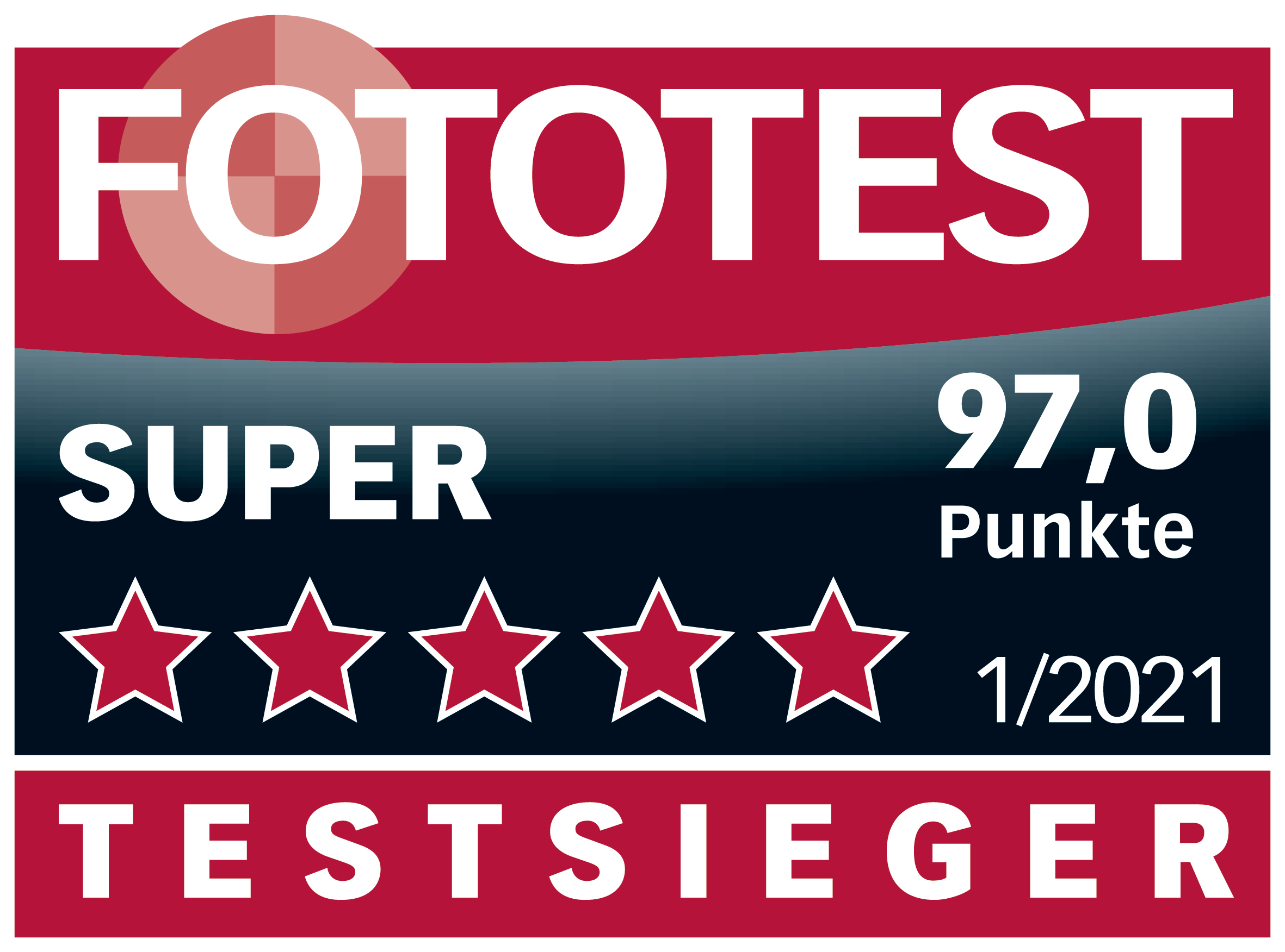 Un score de test photo de 97,0, avec cinq étoiles et le mot SUPER.
